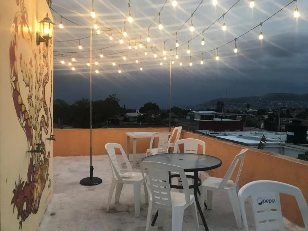 Terrace with string lights at dusk